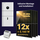 PV-Komplett Set 5,16kWp mit 12 Solarmodule von Sunova, Glas/Glas TopCon, N-Typ, dem KSTAR-Wechselrichter S5000D, dem KSTAR Smart Meter ADW300W und einem Batteriespeichermodul mit 5,1 kWh Speicherkapazität