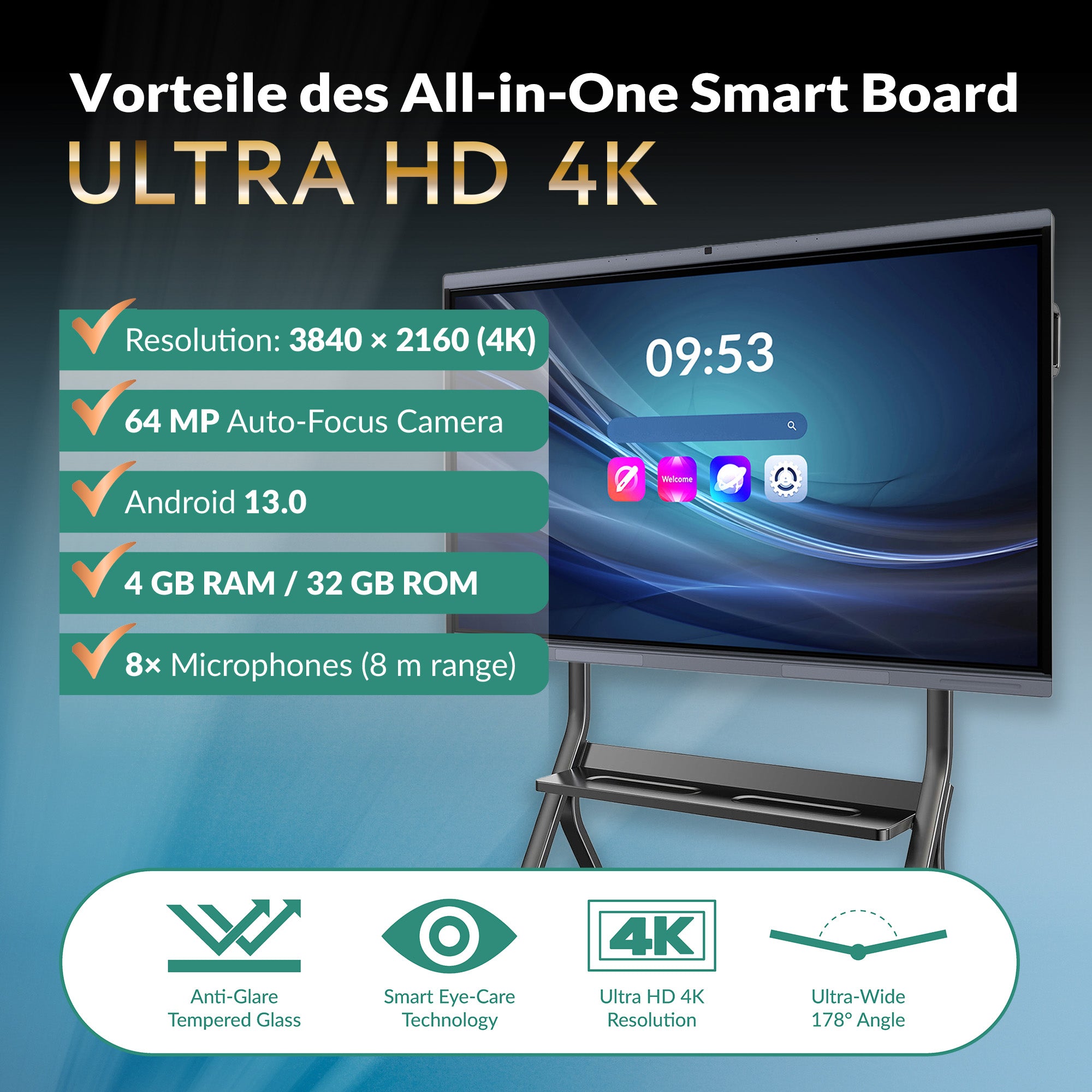All-in-One Smart Board mit 4K-Ultra-HD-Auflösung, 64-MP-Autofokuskamera, Android 13.0, 4 GB RAM, 32 GB ROM und acht Mikrofonen mit acht Metern Reichweite. Unten werden Funktionen wie entspiegeltes Glas, Augenschutztechnologie und ein Betrachtungswinkel von 178 Grad hervorgehoben.