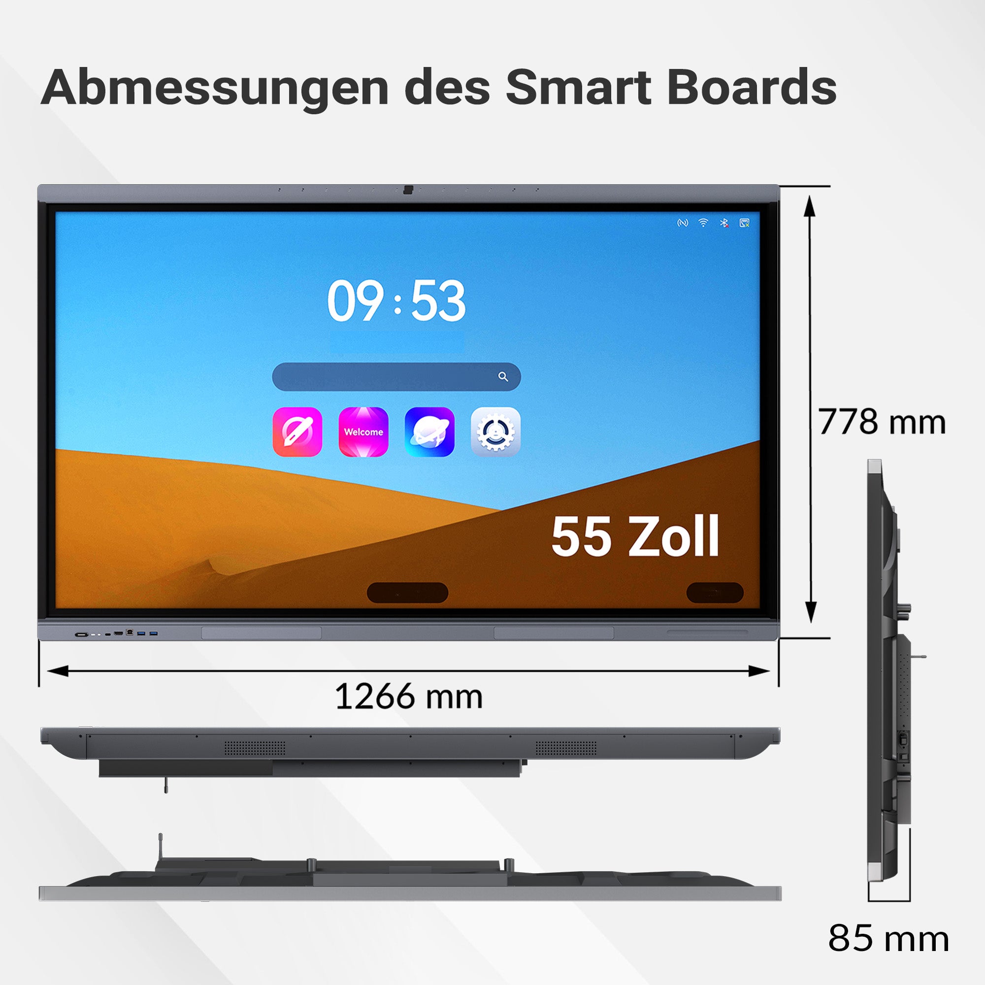 Darstellung der Abmessungen eines 55-Zoll-Smartboards mit einer Breite von 1266 mm, einer Höhe von 778 mm und einer Tiefe von 85 mm. Das Display zeigt den Startbildschirm.