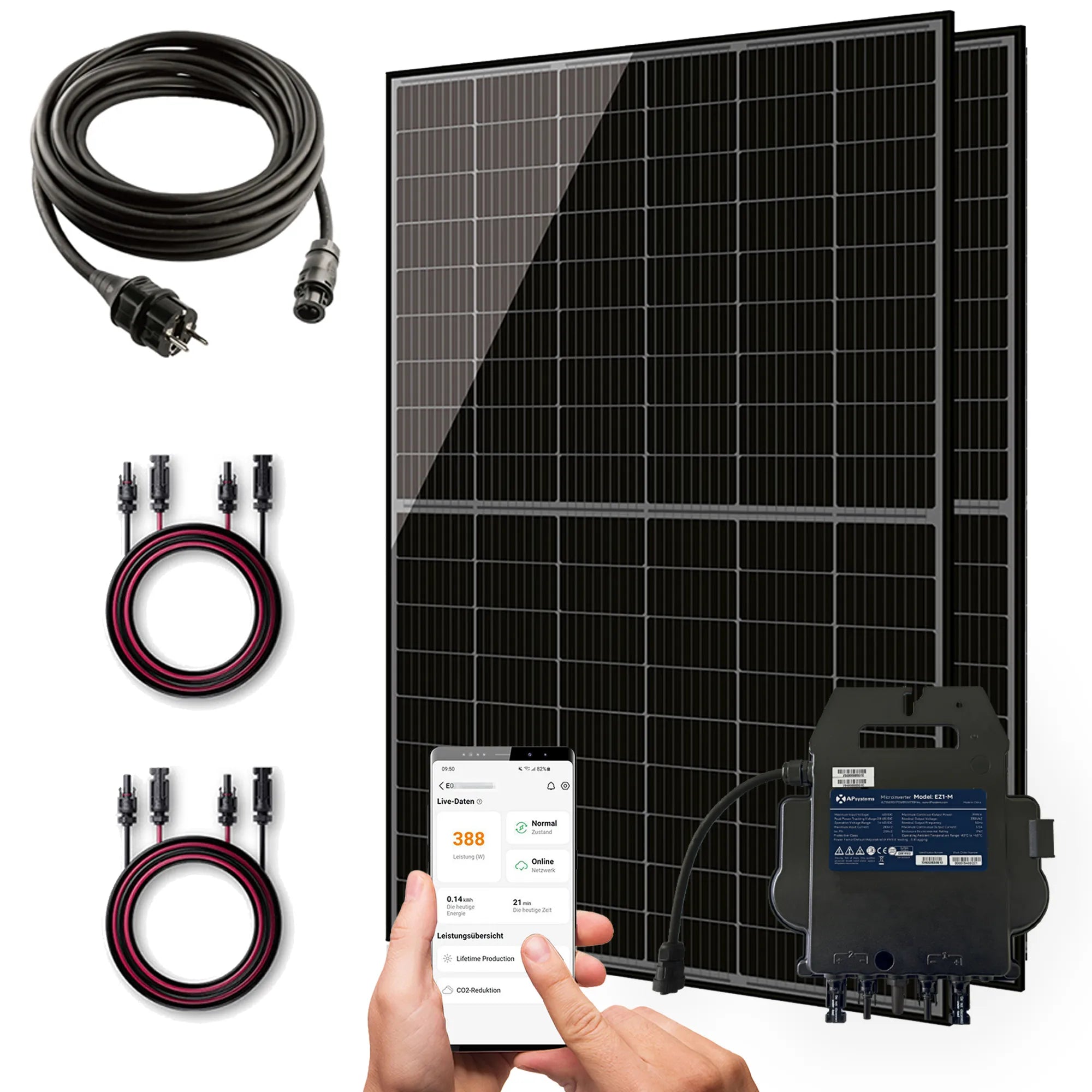 860 W Balkonkraftwerk Solar Panels + 800 W APsystems Wechselrichter, 2x DC Verbindungskabel