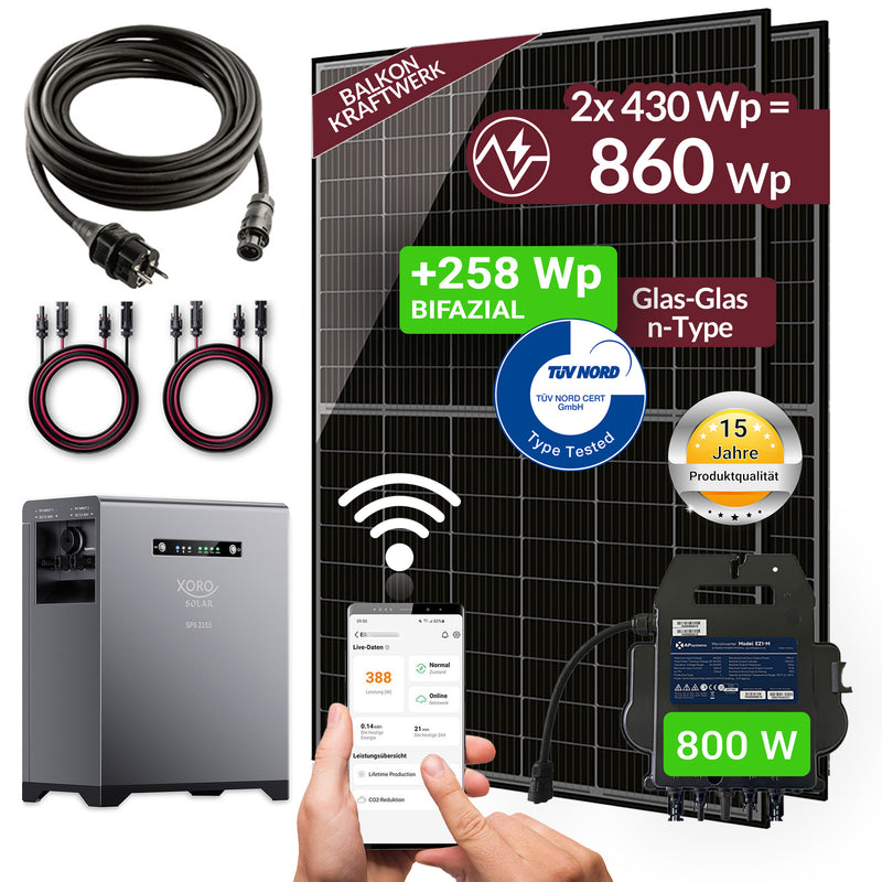 Balkonkraftwerk 860W Bifazial und XORO SOLAR SPS 2155, APsystems 800W Wechselrichter