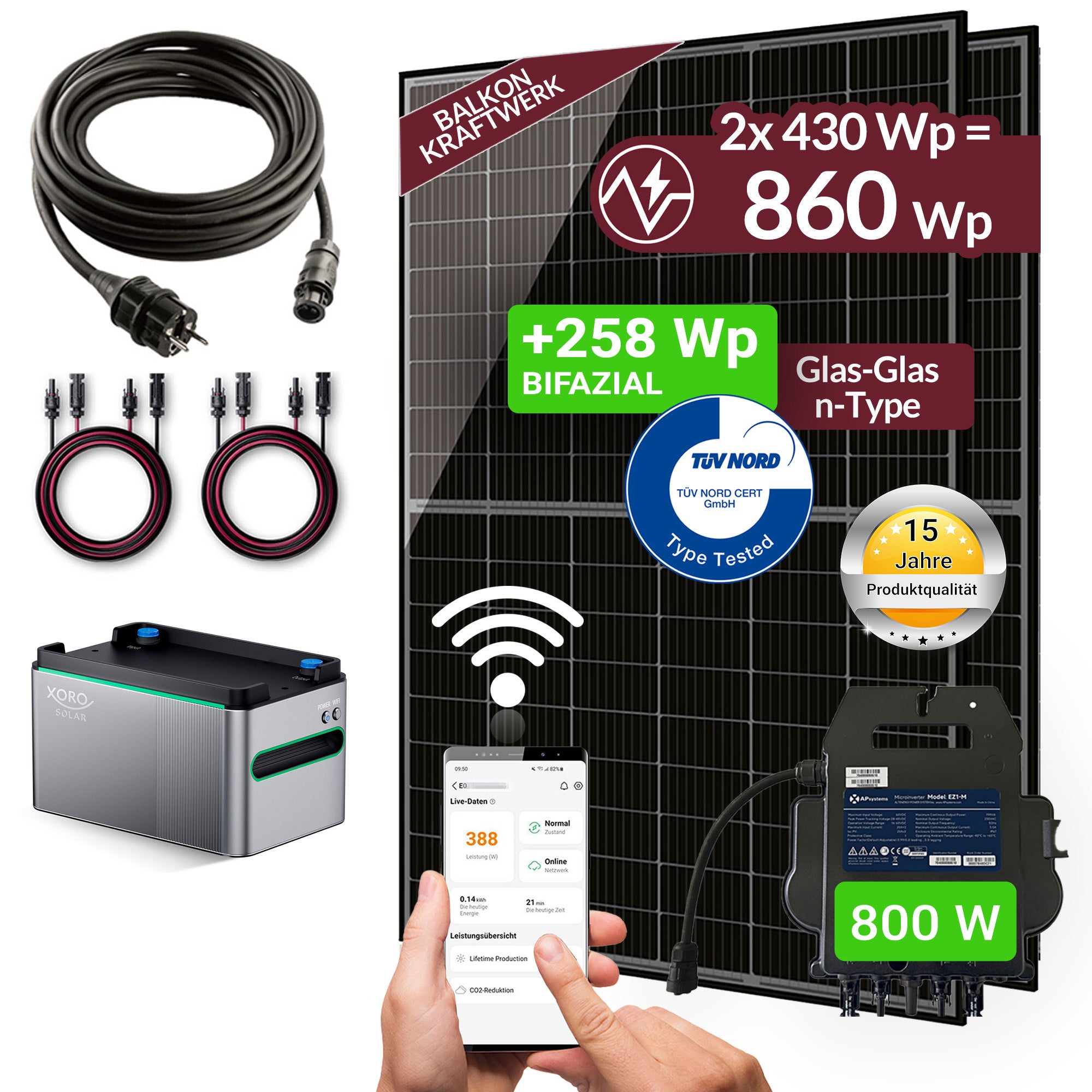 Balkonkraftwerk 860W Bifazial und XORO SOLAR SPS 1124