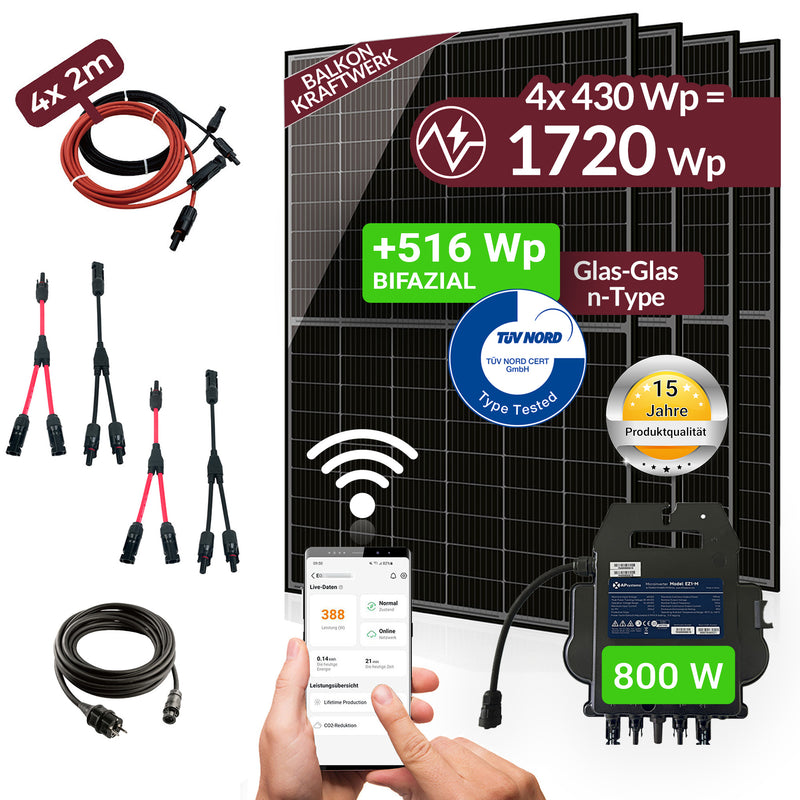 Balkonkraftwerk 1720W Komplettset mit 4 x 430W Bifalzial Module Glas-Glas der Marke Sunova Solar, Steckdose, APsystems Wechselrichter, 5 Meter Schutzkontakt-, 4 x 2 Meter DC-Kabel, 2 x Adapter Paar Y-Type 1 auf 2