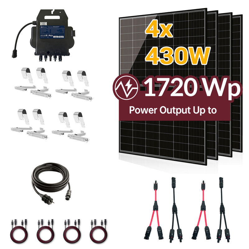 Balkonkraftwerk 1720W Komplettset mit 4 x 430W Bifalzial Module Glas-Glas der Marke Sunova Solar, Steckdose, APsystems Wechselrichter, 5 Meter Schutzkontakt-, 4 x 2 Meter DC-Kabel, 2 x Adapter Paar Y-Type 1 auf 2