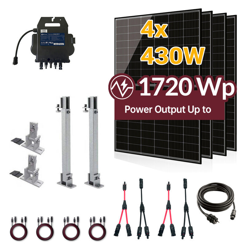 Balkonkraftwerk 1720W Komplettset mit 4 x 430W Bifalzial Module Glas-Glas der Marke Sunova Solar, Steckdose, APsystems Wechselrichter, 5 Meter Schutzkontakt-, 4 x 2 Meter DC-Kabel, 2 x Adapter Paar Y-Type 1 auf 2