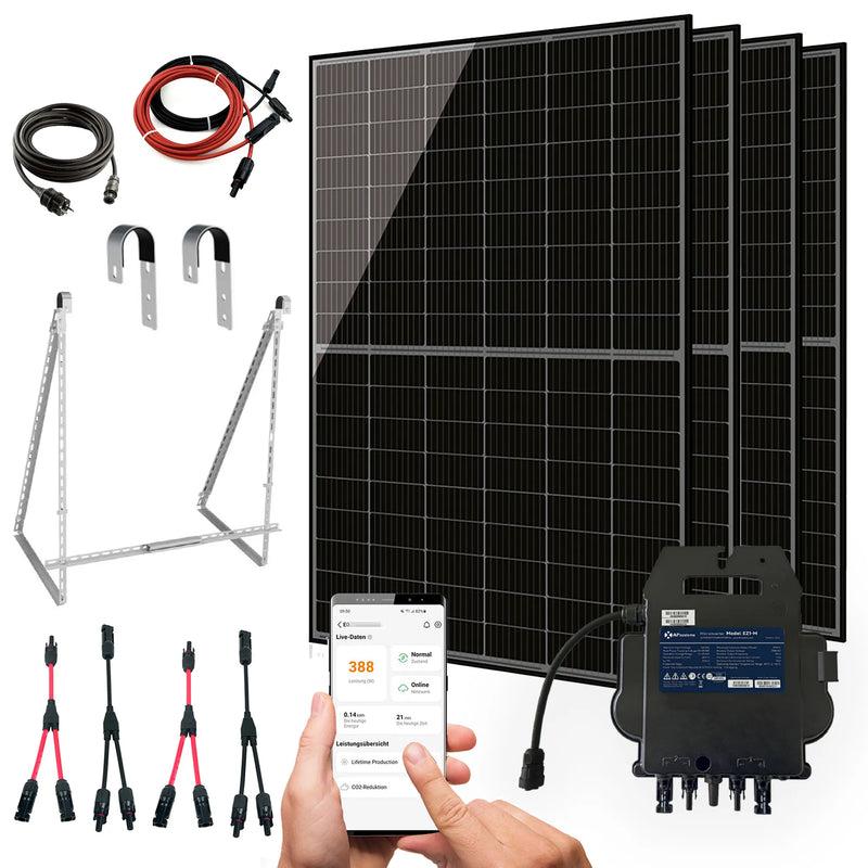 Balkonkraftwerk 1720W Komplettset mit 4 x 430W Bifalzial Module Glas-Glas der Marke Sunova Solar, Steckdose, APsystems Wechselrichter, 5 Meter Schutzkontakt-, 4 x 2 Meter DC-Kabel, 2 x Adapter Paar Y-Type 1 auf 2