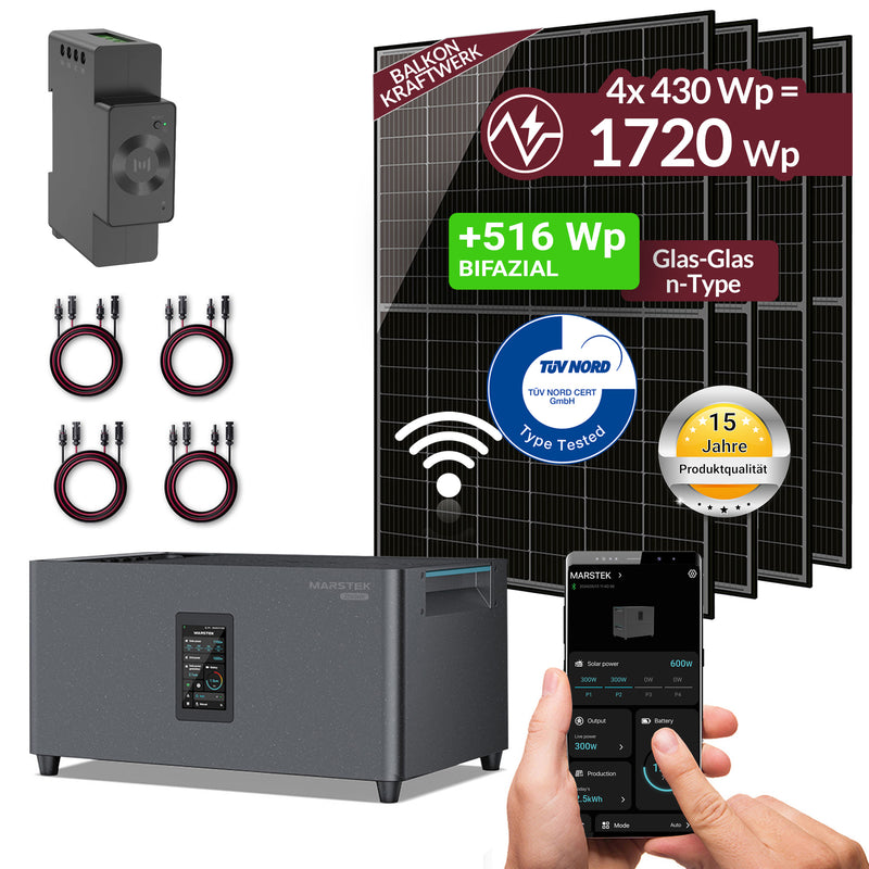 Balkonkraftwerk 1720W 4x 430W Bifazial mit Marstek Jupiter C Plus + CT002 Smart Meter