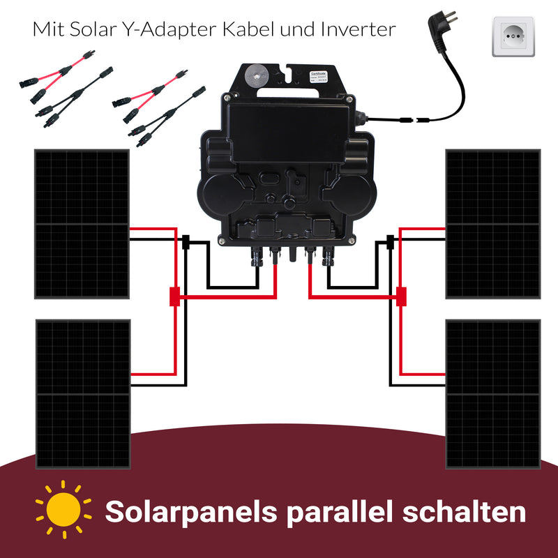 Balkonkraftwerk 1720W Komplettset mit 4 x 430W Bifalzial Module Glas-Glas der Marke Sunova Solar, Steckdose, APsystems Wechselrichter, 5 Meter Schutzkontakt-, 4 x 2 Meter DC-Kabel, 2 x Adapter Paar Y-Type 1 auf 2