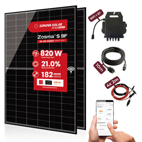 Balkonkraftwerk, mit Speicher SPS 1024 Wh, mit 2x410W Solarmodule der Marke Sunova Solar SS-410-54MDH, 800W Wechselrichter APsystems EZ1-M, 5m Schutzkontaktkabel, 4 x 2m DC Kabel und 2 x SPP 16A1 Smart Power Plug