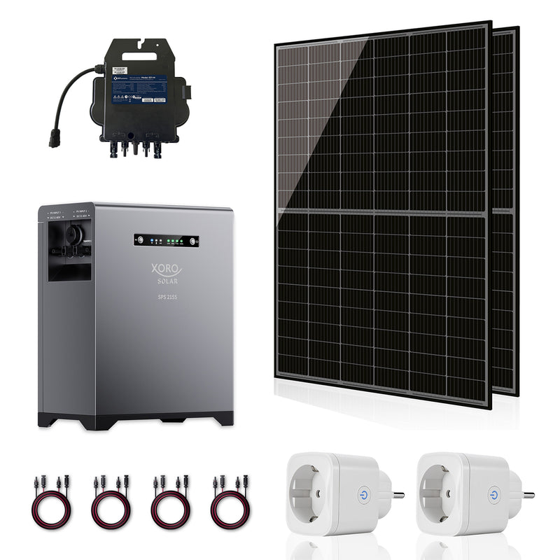 Balkonkraftwerk, mit Speicher SPS 2155, mit 2x430W Solarmodule der Marke Sunova Solar SS-BG430-54MDH(T), 800W Wechselrichter APsystems EZ1-M, 5m Schutzkontaktkabel, 4 x 2m DC Kabel, und 2 SPP 16A2 Smart Plugs