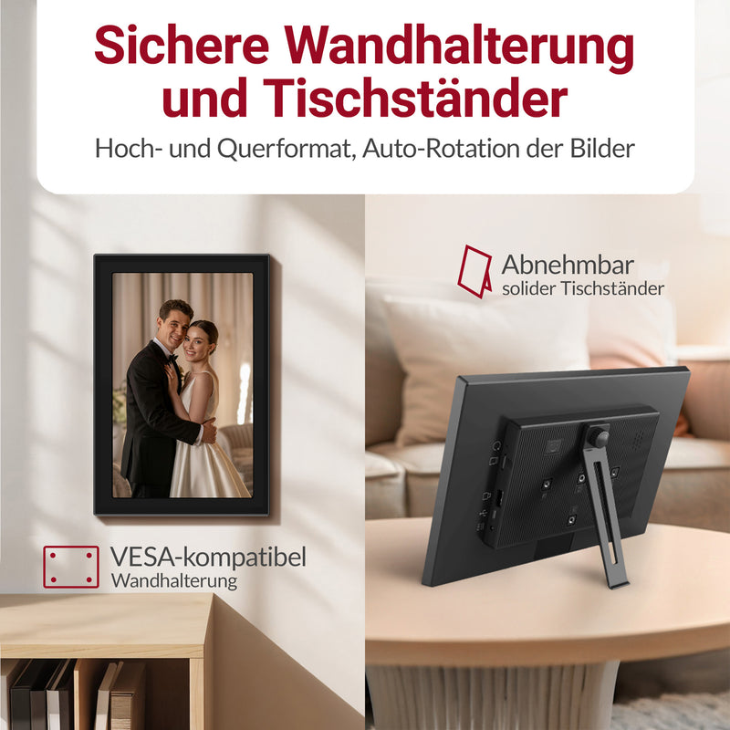 XORO CPF 10CF – 10,1" Digitaler WLAN Bilderrahmen, Schwarz, 1280x800 HD IPS Touchscreen, 16GB Speicher, Auto-Rotation & Sofort-Foto-/Video-Sharing