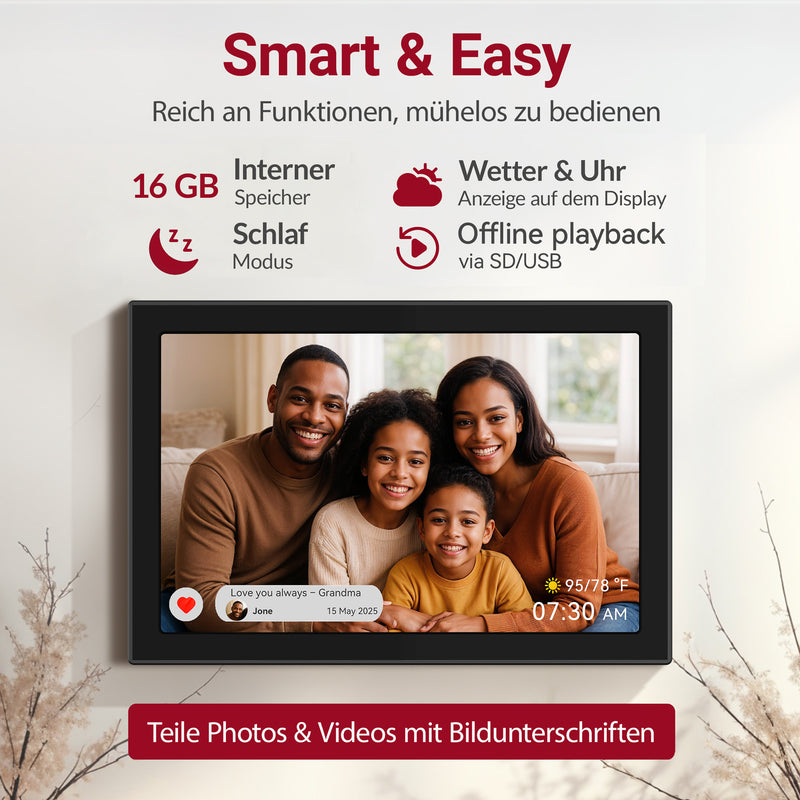 XORO CPF 10CF – 10,1" Digitaler WLAN Bilderrahmen, Schwarz, 1280x800 HD IPS Touchscreen, 16GB Speicher, Auto-Rotation & Sofort-Foto-/Video-Sharing