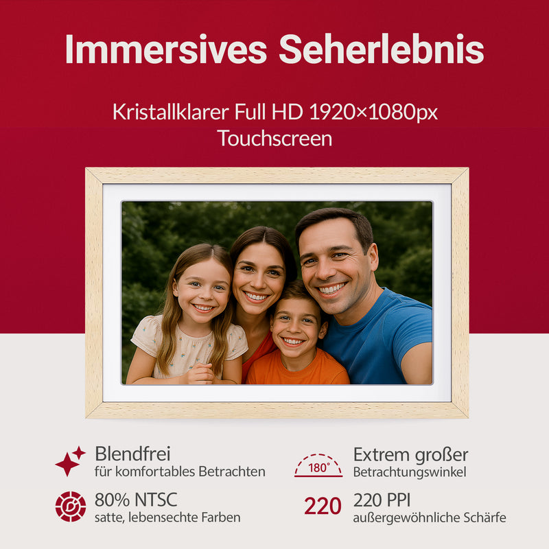 XORO CPF 10PF – 10,1" Digitaler WLAN Bilderrahmen in Buchenholz, 1920x1080 HD IPS Touchscreen, 32GB Speicher, Auto-Rotation & Sofort-Foto-/Video-Sharing