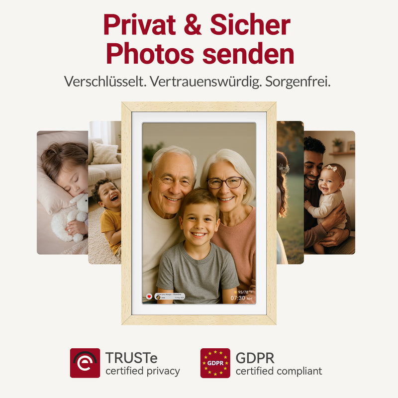 XORO CPF 10PF – 10,1" Digitaler WLAN Bilderrahmen in Buchenholz, 1920x1080 HD IPS Touchscreen, 32GB Speicher, Auto-Rotation & Sofort-Foto-/Video-Sharing