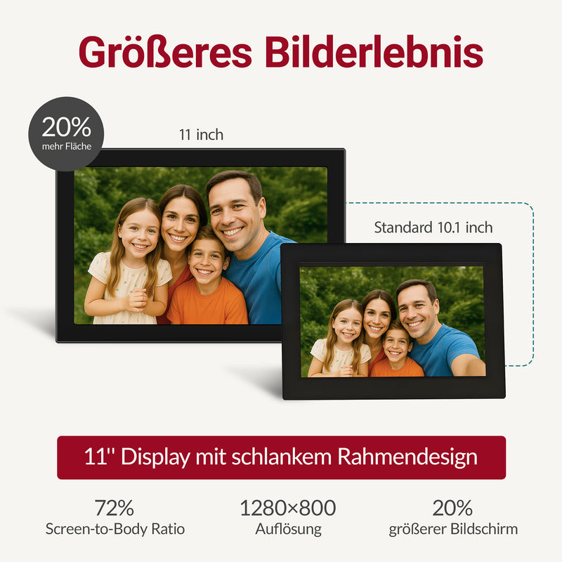 XORO CPF 11CF – 11" Digitaler WLAN Bilderrahmen, Schwarz, 1280x800 HD IPS Touchscreen, 16GB Speicher, Auto-Rotation & Sofort-Foto-/Video-Sharing