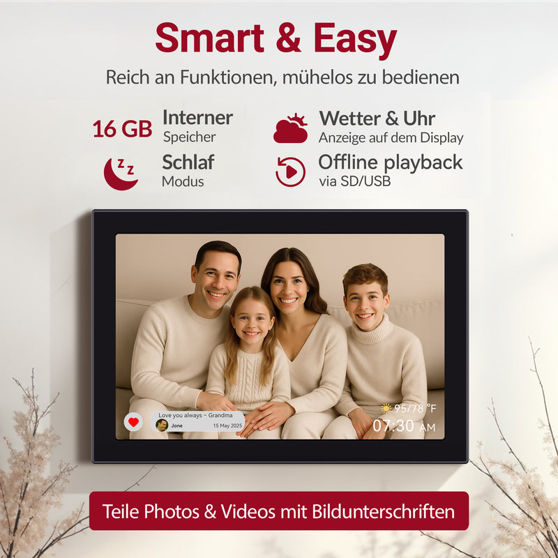 XORO CPF 11CF – 11" Digitaler WLAN Bilderrahmen, Schwarz, 1280x800 HD IPS Touchscreen, 16GB Speicher, Auto-Rotation & Sofort-Foto-/Video-Sharing