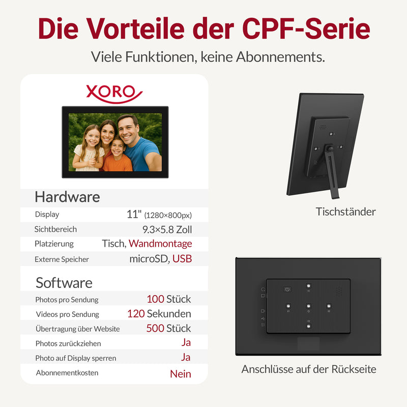 XORO CPF 11CF – 11" Digitaler WLAN Bilderrahmen, Schwarz, 1280x800 HD IPS Touchscreen, 16GB Speicher, Auto-Rotation & Sofort-Foto-/Video-Sharing