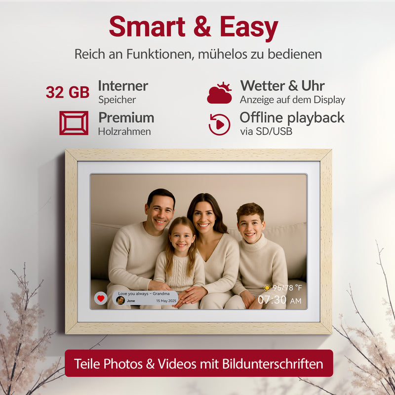 XORO CPF 11PF – 11" Digitaler WLAN Bilderrahmen in Buchenholz, 1920x1080 HD IPS Touchscreen, 32GB Speicher, Auto-Rotation & Sofort-Foto-/Video-Sharing