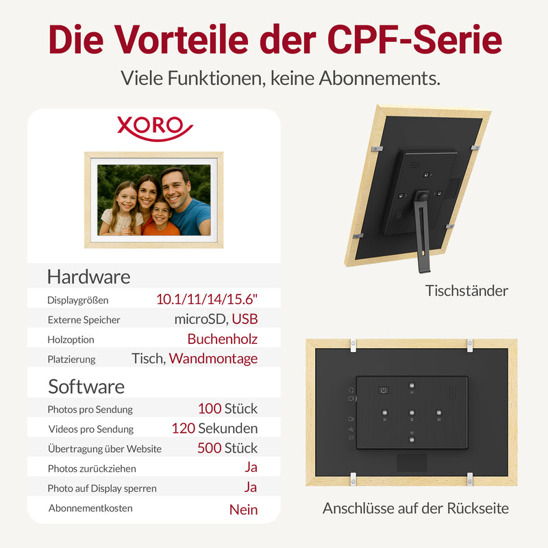 XORO CPF 11PF – 11" Digitaler WLAN Bilderrahmen in Buchenholz, 1920x1080 HD IPS Touchscreen, 32GB Speicher, Auto-Rotation & Sofort-Foto-/Video-Sharing