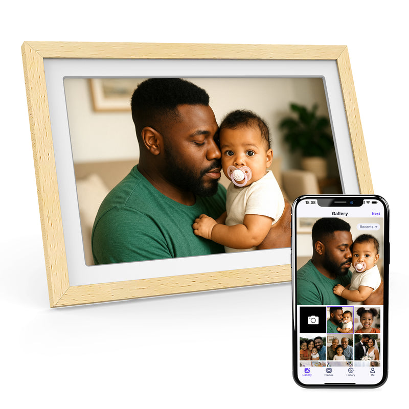 XORO CPF 11PF – 11" Digitaler WLAN Bilderrahmen in Buchenholz, 1920x1080 HD IPS Touchscreen, 32GB Speicher, Auto-Rotation & Sofort-Foto-/Video-Sharing