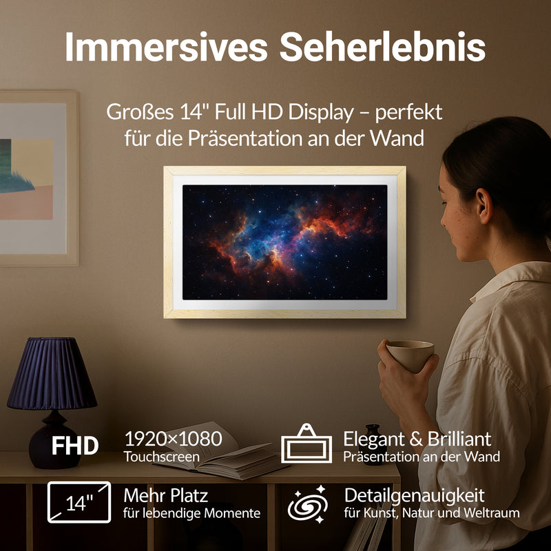 XORO CPF 14PF - 14" Digitaler WLAN Bilderrahmen in Buchenholz, 1920x1080 HD IPS Touchscreen, 32GB Speicher, Auto-Rotation & Sofort-Foto-/Video-Sharing