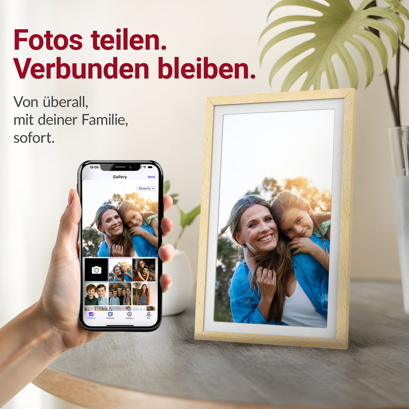 XORO CPF 14PF - 14" Digitaler WLAN Bilderrahmen in Buchenholz, 1920x1080 HD IPS Touchscreen, 32GB Speicher, Auto-Rotation & Sofort-Foto-/Video-Sharing