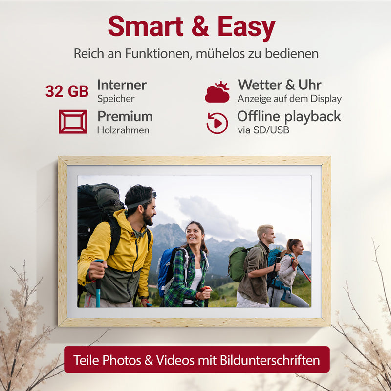 XORO CPF 14PF - 14" Digitaler WLAN Bilderrahmen in Buchenholz, 1920x1080 HD IPS Touchscreen, 32GB Speicher, Auto-Rotation & Sofort-Foto-/Video-Sharing