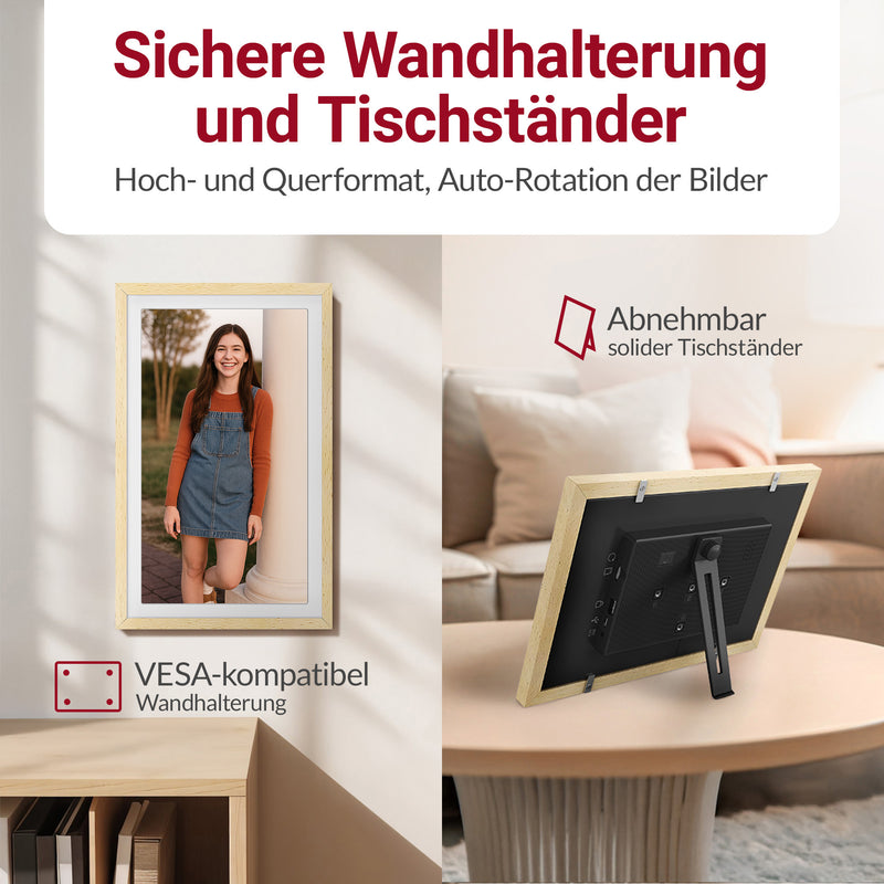 XORO CPF 14PF - 14" Digitaler WLAN Bilderrahmen in Buchenholz, 1920x1080 HD IPS Touchscreen, 32GB Speicher, Auto-Rotation & Sofort-Foto-/Video-Sharing