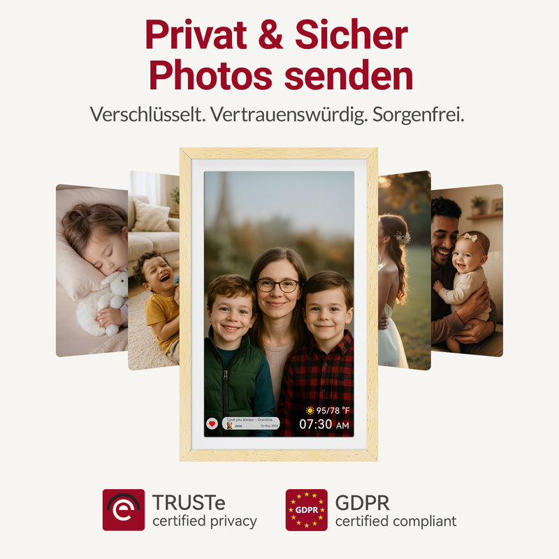 XORO CPF 14PF - 14" Digitaler WLAN Bilderrahmen in Buchenholz, 1920x1080 HD IPS Touchscreen, 32GB Speicher, Auto-Rotation & Sofort-Foto-/Video-Sharing