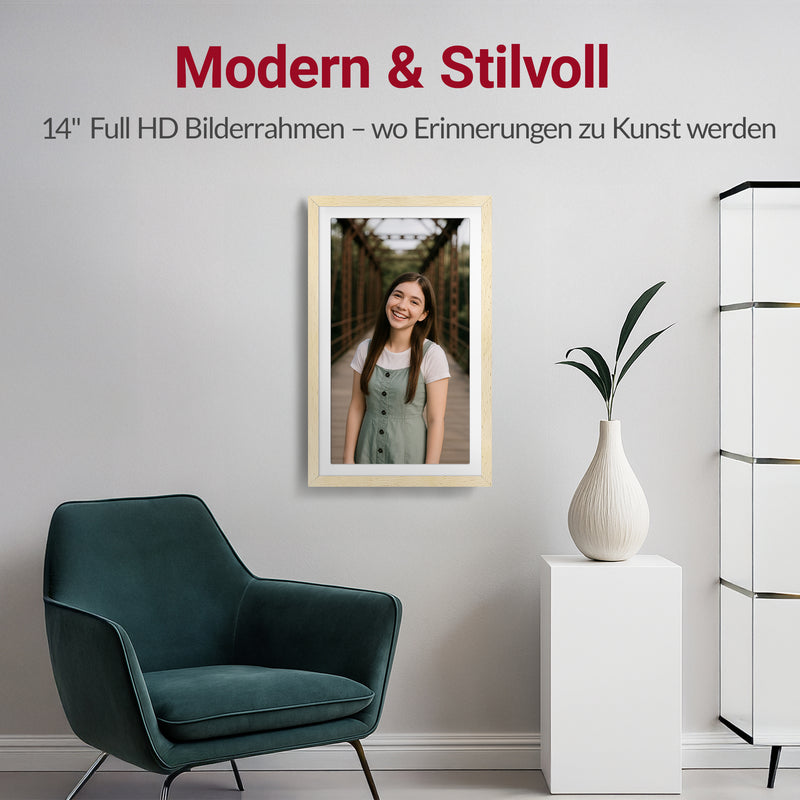 XORO CPF 14PF - 14" Digitaler WLAN Bilderrahmen in Buchenholz, 1920x1080 HD IPS Touchscreen, 32GB Speicher, Auto-Rotation & Sofort-Foto-/Video-Sharing