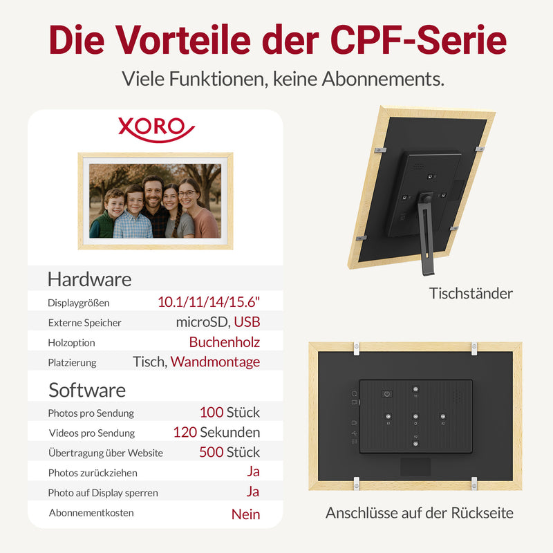 XORO CPF 14PF - 14" Digitaler WLAN Bilderrahmen in Buchenholz, 1920x1080 HD IPS Touchscreen, 32GB Speicher, Auto-Rotation & Sofort-Foto-/Video-Sharing