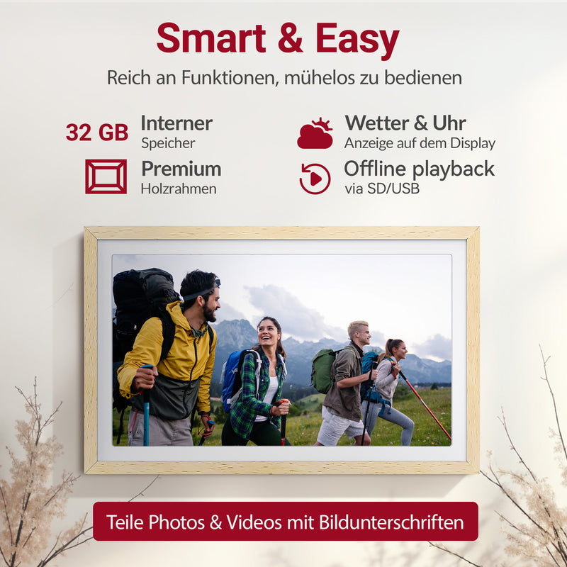 XORO CPF 15PF - 15" Digitaler WLAN Bilderrahmen in Buchenholz, 1920x1080 HD IPS Touchscreen, 32GB Speicher, Auto-Rotation & Sofort-Foto-/Video-Sharing