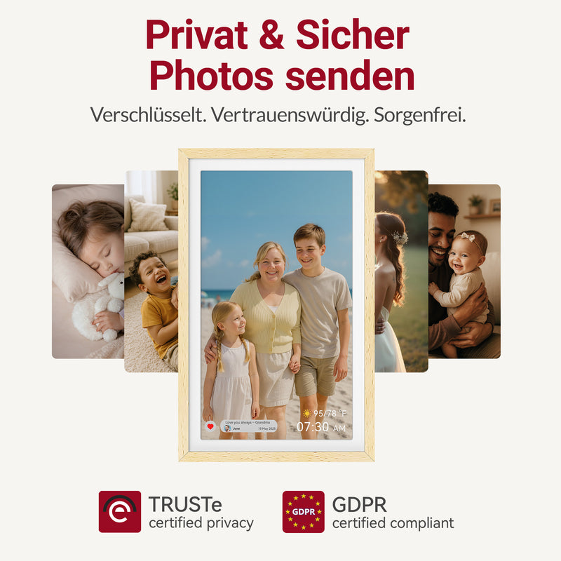 XORO CPF 15PF - 15" Digitaler WLAN Bilderrahmen in Buchenholz, 1920x1080 HD IPS Touchscreen, 32GB Speicher, Auto-Rotation & Sofort-Foto-/Video-Sharing