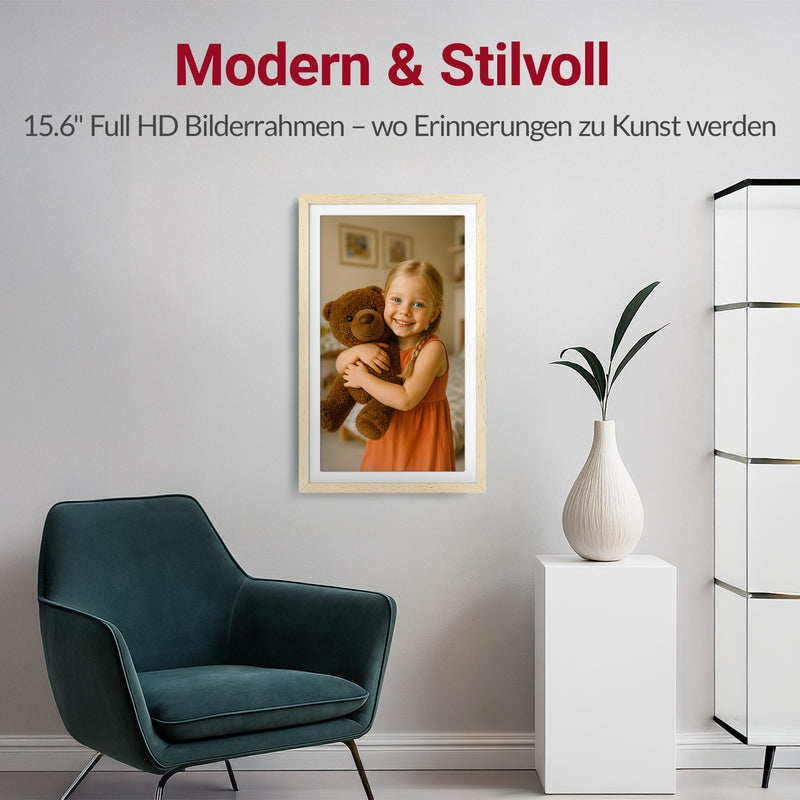 XORO CPF 15PF - 15" Digitaler WLAN Bilderrahmen in Buchenholz, 1920x1080 HD IPS Touchscreen, 32GB Speicher, Auto-Rotation & Sofort-Foto-/Video-Sharing