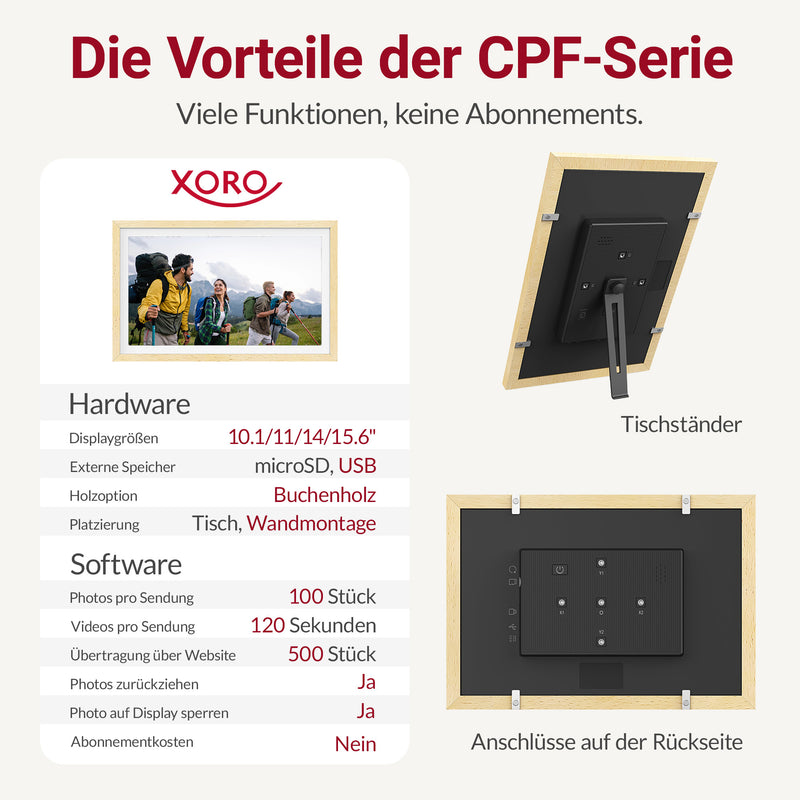 XORO CPF 15PF - 15" Digitaler WLAN Bilderrahmen in Buchenholz, 1920x1080 HD IPS Touchscreen, 32GB Speicher, Auto-Rotation & Sofort-Foto-/Video-Sharing