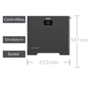 Haier Batteriesystem mit Controllbox, einer 5-kWh-Batterie, Sockel und den Abmessungen 653 mm × 597 mm.