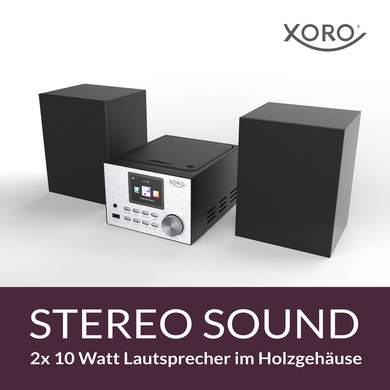 XORO HMT 500 PRO V2 - Mikro Stereoanlage (Internet-/DAB+/UKW-Radio, CD Player, Bluetooth, USB Mediaplayer, 2.4" Farbdisplay, Fernbedienung, 2 x 10W Lautsprecher