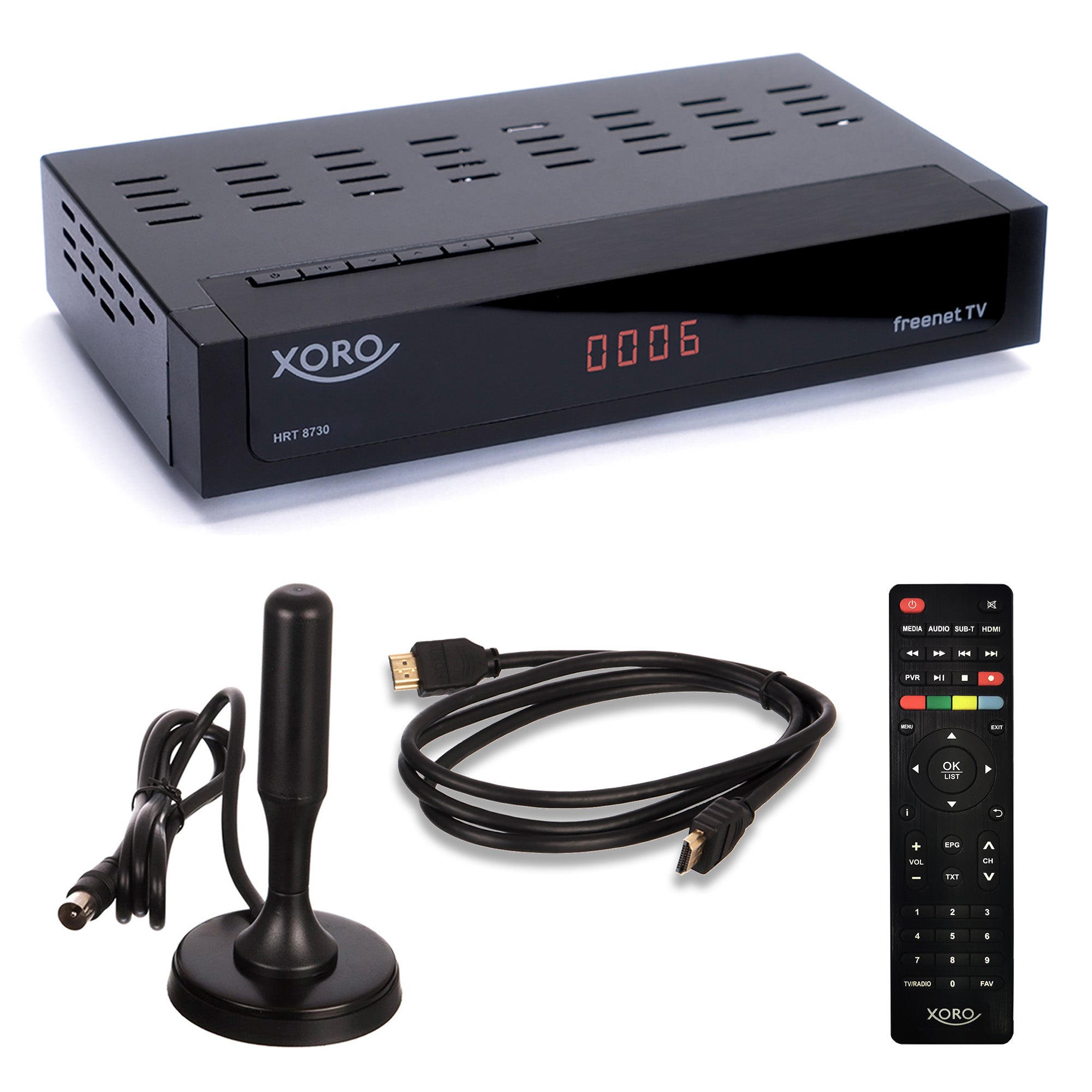 XORO HRT 8730 DVB-T2 HD Receiver mit Antenne HAN 100 und HDMI-Kabel - inklusive 6 Monate freenet TV