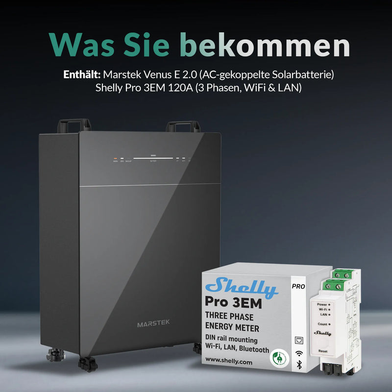 MARSTEK Venus E 5,12 kWh AC-gekoppelter Solarstromspeicher Set mit Shelly Pro 3EM 120A, mit App-Steuerung, Erweiterbar, Notstromfunktion & bis zu 10 Jahren Garantie