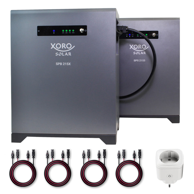 XORO SOLAR SPS 2155 Balkonkraftwerkspeicher mit SPB 215X Erweiterung, 4032 Wh, 16A2 Smart Plug, 4 kWh Gesamtleistung, LiFePO4 Akku, Dual MPPT 2x800W Eingang, 800W Ausgang für den Innen- und Außenbereich IP65, Plug & Play