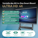 All-in-One Smart Board mit 4K-Ultra-HD-Auflösung, 64-MP-Autofokuskamera, Android 13.0, 4 GB RAM, 32 GB ROM und acht Mikrofonen mit acht Metern Reichweite. Unten werden Funktionen wie entspiegeltes Glas, Augenschutztechnologie und ein Betrachtungswinkel von 178 Grad hervorgehoben.