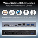 Darstellung verschiedener Anschlüsse eines interaktiven Displays, darunter HDMI, USB 3.0, USB 2.0, Type-C, LAN und Audio-Out. Die Bildunterschrift zeigt die Kompatibilität mit externen Geräten wie Tablets, USB-Sticks, Laptops, Kameras und Mikrofonen.
