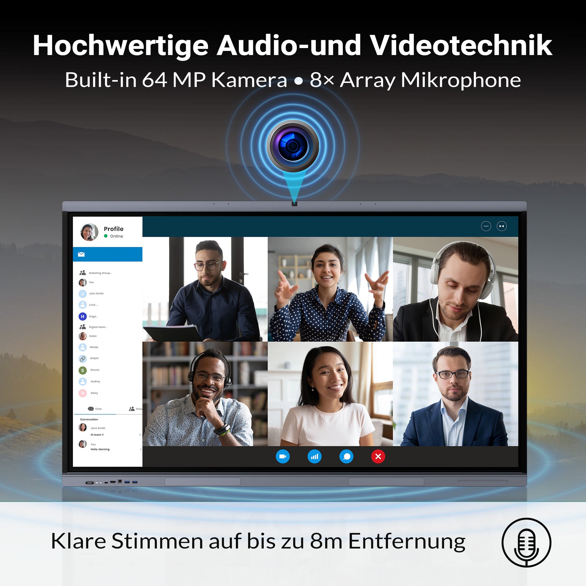 Interaktives Display zeigt eine Videokonferenz mit sechs Teilnehmern. Oben ist eine 64-MP-Kamera mit 8-fachem Mikrofon-Array dargestellt, die klare Stimmen bis zu 8 Metern Entfernung ermöglicht.