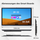 Darstellung der Abmessungen eines 55-Zoll-Smartboards mit einer Breite von 1266 mm, einer Höhe von 778 mm und einer Tiefe von 85 mm. Das Display zeigt den Startbildschirm.