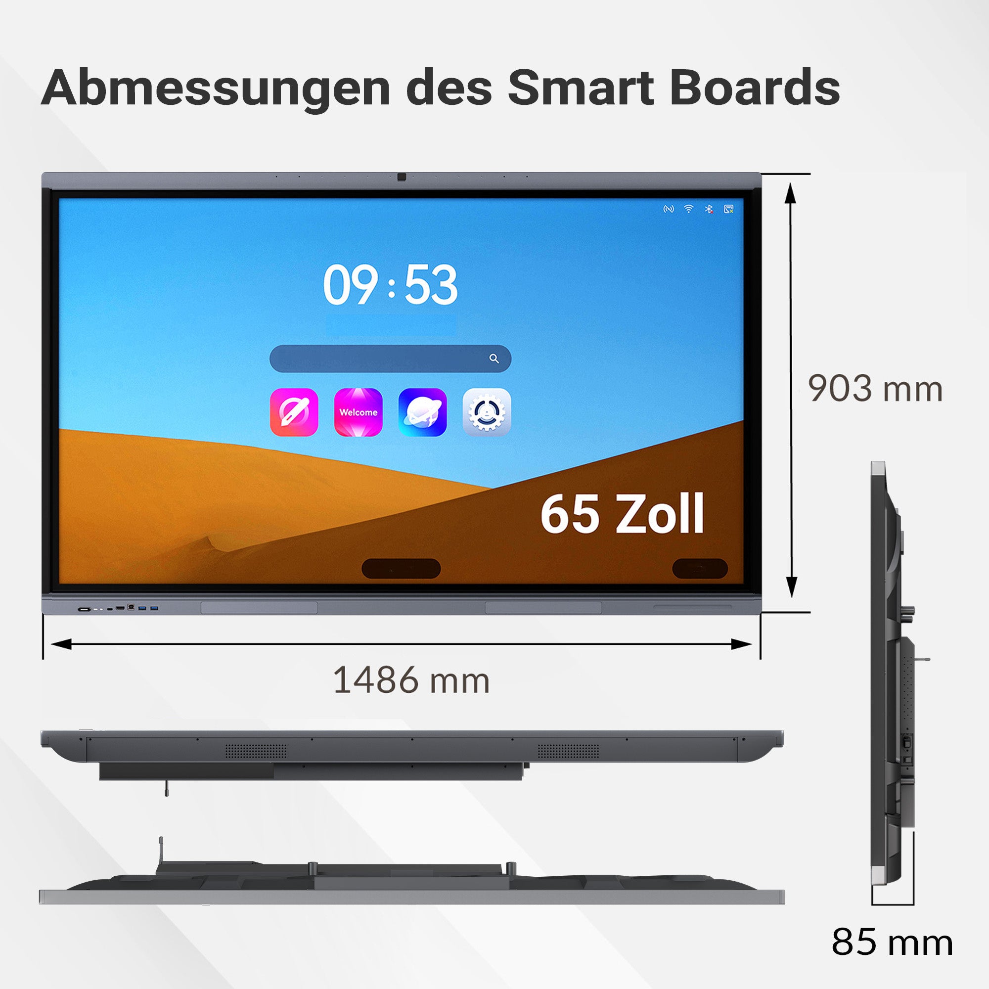 Darstellung der Abmessungen eines 65-Zoll-Smartboards mit einer Breite von 1486 mm, einer Höhe von 903 mm und einer Tiefe von 85 mm. Das Display zeigt den Startbildschirm.