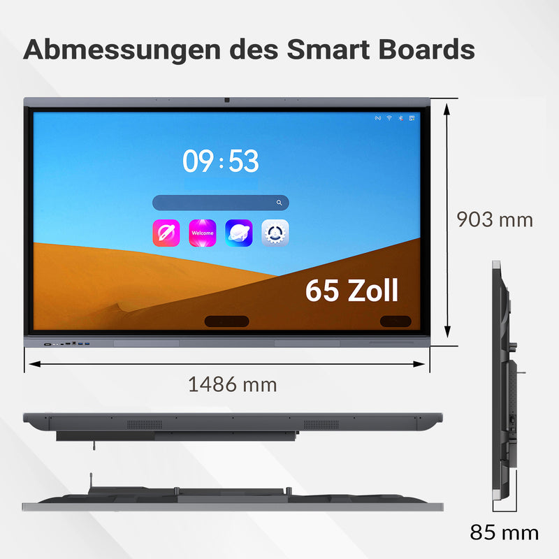 Darstellung der Abmessungen eines 65-Zoll-Smartboards mit einer Breite von 1486 mm, einer Höhe von 903 mm und einer Tiefe von 85 mm. Das Display zeigt den Startbildschirm.
