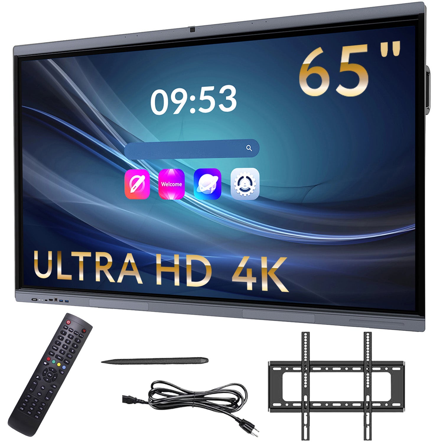 65-Zoll-Ultra-HD-4K-Smartboard mit Startbildschirm und Symbolen auf dem Display. Im Lieferumfang sind eine Fernbedienung, ein Eingabestift, ein HDMI- oder Stromkabel und eine Wandhalterung enthalten.