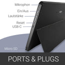 XORO MegaPAD 1333 Pro 2 Seitenansicht mit USB-C Anschluss, MicroSD-Kartenslot, Ein-/Aus-Taste, Lautstärkeregler, Reset-Öffnung und integriertem Mikrofon.