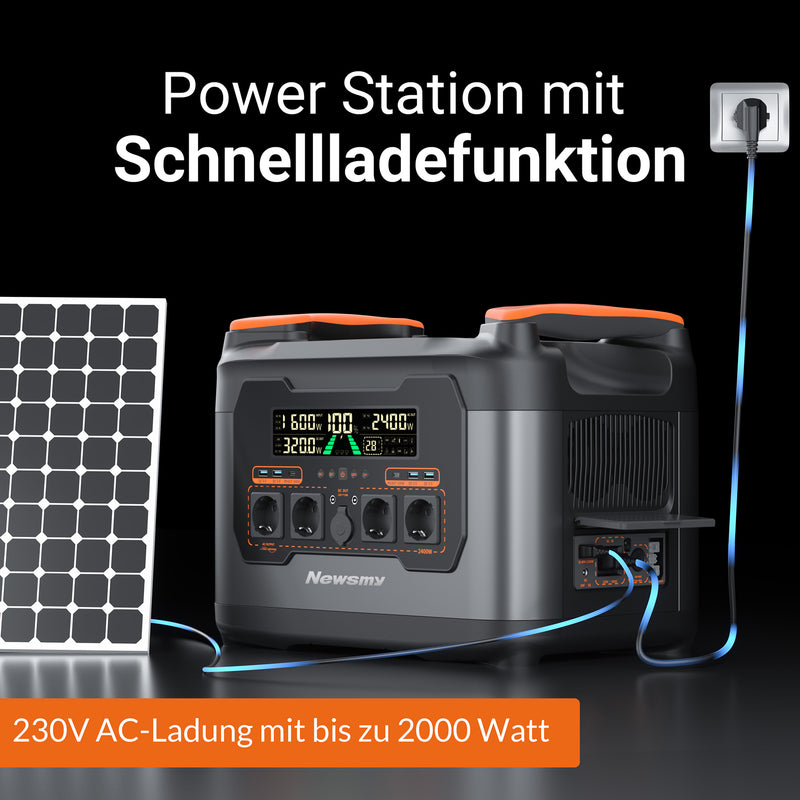 Newsmy Powerstation 2047,5 Wh Ultra-Fast-Aufladen von 0-100% in 1 Std., Mobiler Stromspeicher, 1200 W DC-In, 2400W AC-Out, und 4x USB-C Ausgang, Solargenerator-LiMnFePO4-Akku für Camping, Heim-Backup