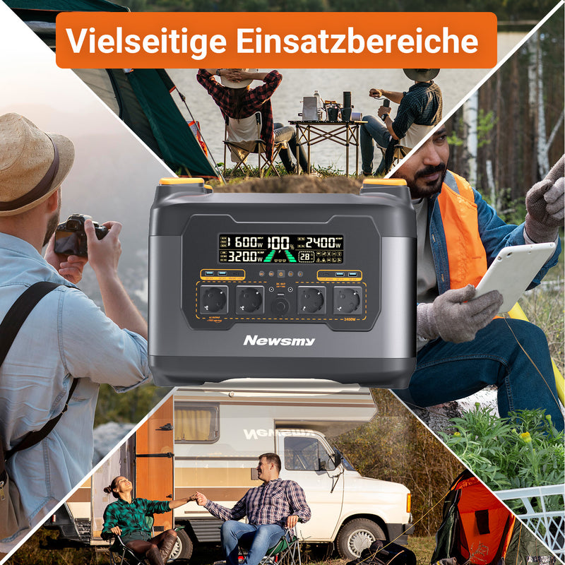 Newsmy Powerstation 2047,5 Wh Ultra-Fast-Aufladen von 0-100% in 1 Std., Mobiler Stromspeicher, 1200 W DC-In, 2400W AC-Out, und 4x USB-C Ausgang, Solargenerator-LiMnFePO4-Akku für Camping, Heim-Backup